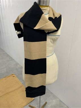 Kate Spade 100% Wool Black & Tan Color Blocked Scarf Bow Detail 74” x 8”